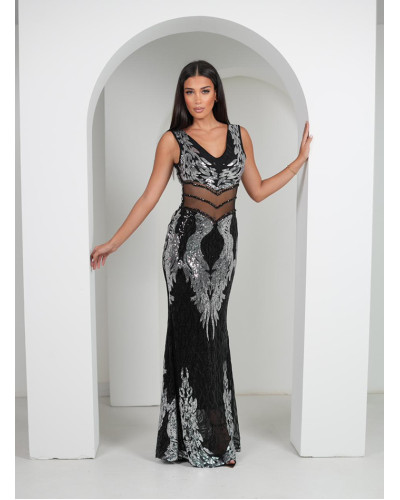 Rochie lunga neagra mulata cu paiete argintii PrincessBatal  - dyandra.ro