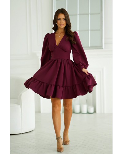 Rochie babydoll scurta burgundy cu volane suprapuse si maneca lunga Rouelle - dyandra.ro