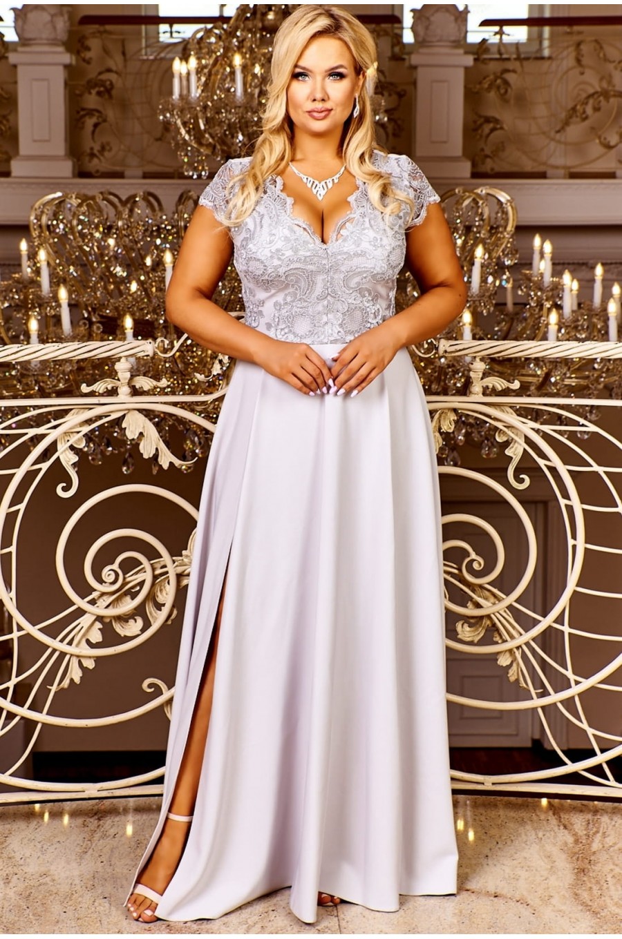 Rochie de cununie eleganta marime mare lunga dantela gri Arianza Rochie de cununie eleganta marime mare lunga dantela gri Arianza 1 - dyandra.ro
