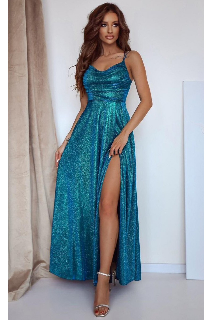Rochie lunga verde turcoaz din glitter cu bust tip corset ValeriaLux Rochie lunga verde turcoaz din glitter cu bust tip corset ValeriaLux 1 - dyandra.ro