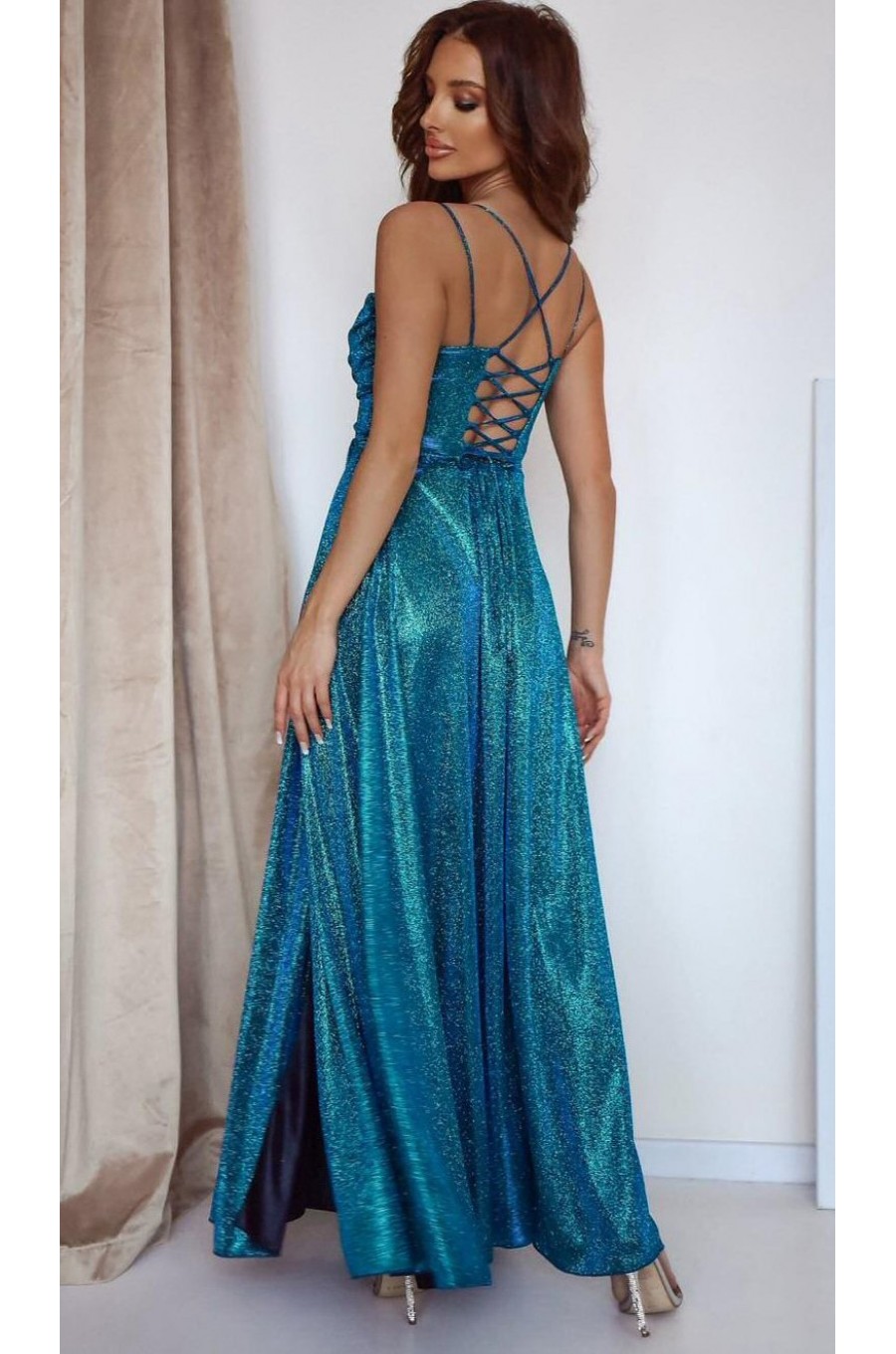 Rochie lunga verde turcoaz din glitter cu bust tip corset ValeriaLux Rochie lunga verde turcoaz din glitter cu bust tip corset ValeriaLux 3 - dyandra.ro