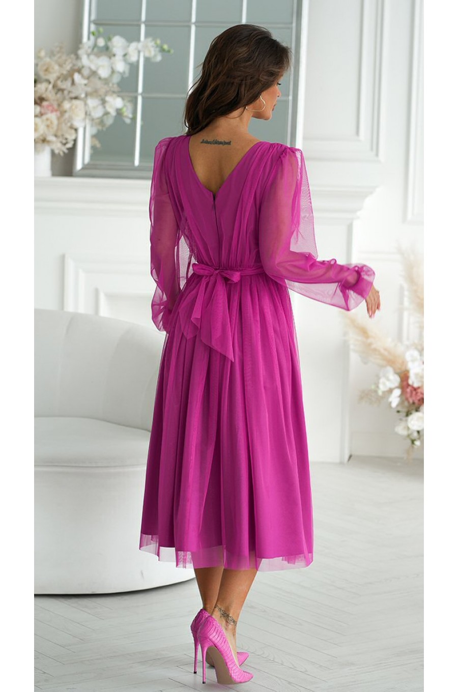 Rochie midi din tul cu glitter mov bishop evazata cu maneca lunga Petra 2 - dyandra.ro
