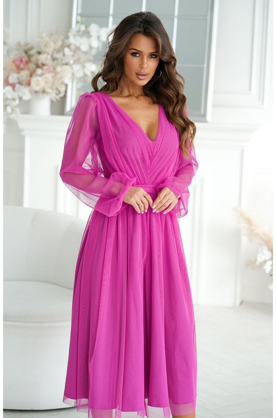 Rochie midi din tul cu glitter mov bishop evazata cu maneca lunga Petra 4 - dyandra.ro