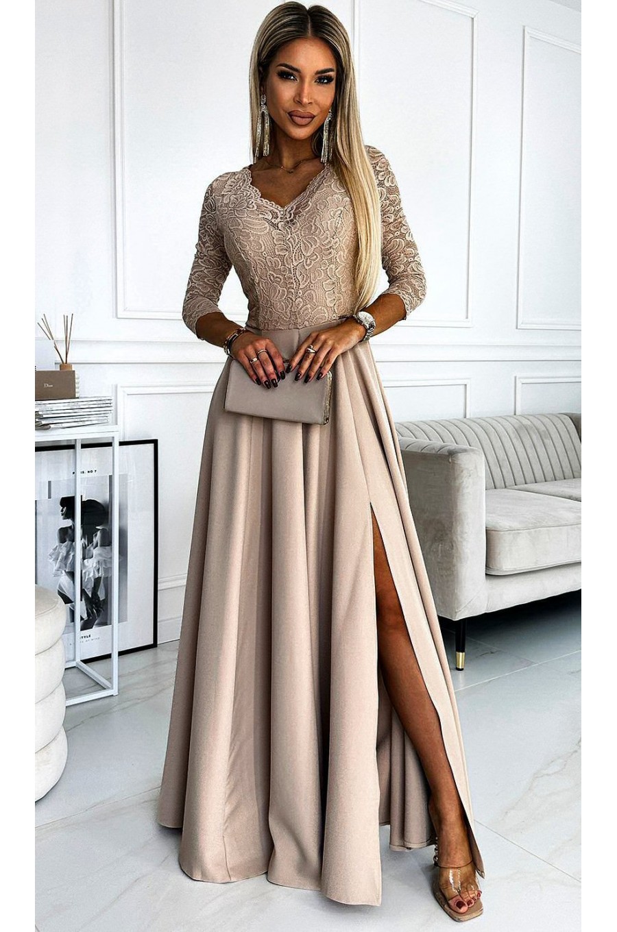Rochie eleganta lunga bej cu bustul din dantela Allegria 1 - dyandra.ro
