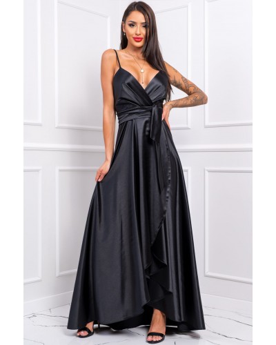 Rochie eleganta lunga, din satin, neagra, petrecuta, LiviaB - dyandra.ro