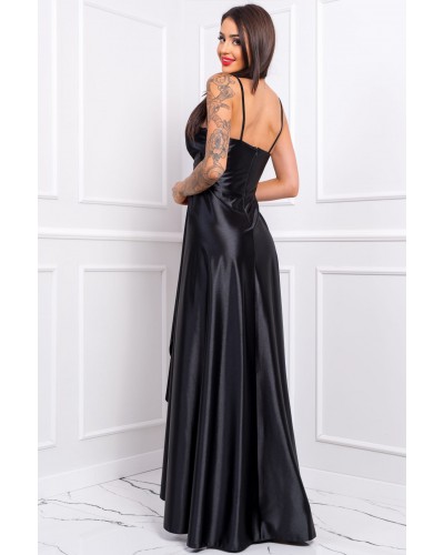 Rochie eleganta lunga, din satin, neagra, petrecuta, LiviaB - dyandra.ro