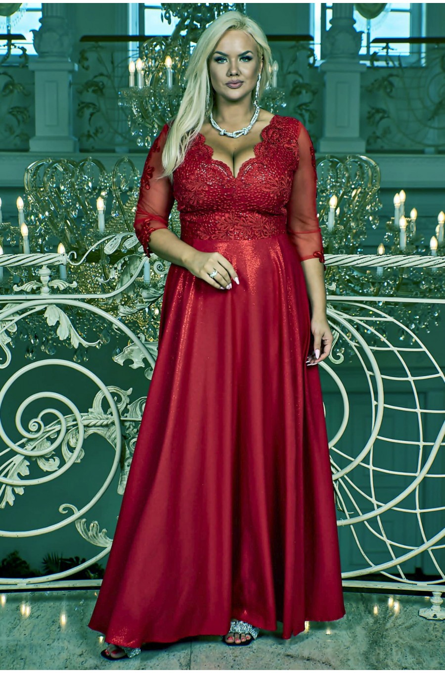 Rochie lunga XXL din dantela si brocard burgundy Adalyze 3 - dyandra.ro