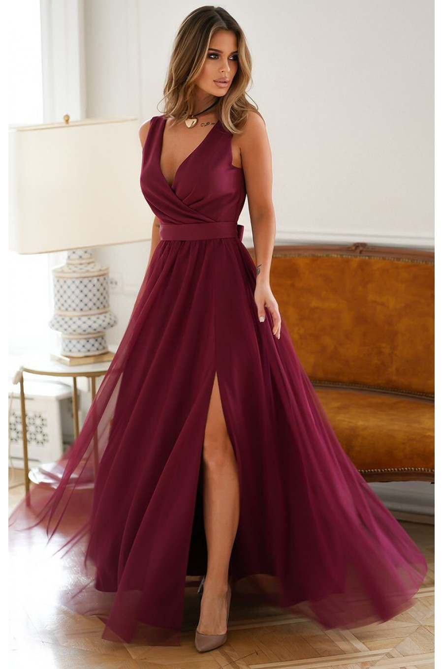 Rochie lunga din tulle si vascoza burgundy, vaporoasa, Andreea Rochie lunga din tulle si vascoza burgundy, vaporoasa, Andreea 1 - dyandra.ro