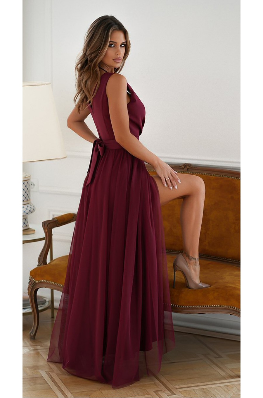 Rochie lunga din tulle si vascoza burgundy, vaporoasa, Andreea Rochie lunga din tulle si vascoza burgundy, vaporoasa, Andreea 2 - dyandra.ro