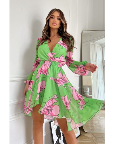 Rochie scurta verde light cu flori roz din chiffon cu maneca lunga Nastya - dyandra.ro