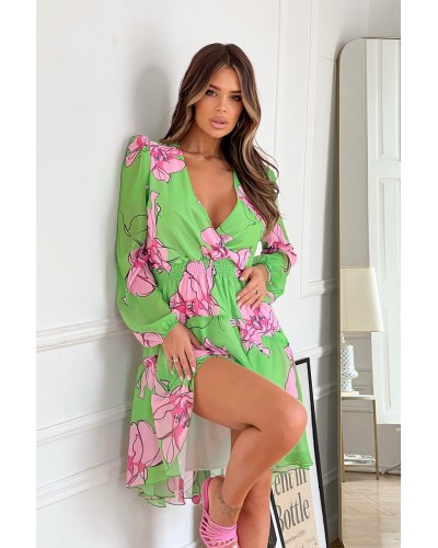 Rochie scurta verde light cu flori roz din chiffon cu maneca lunga Nastya - dyandra.ro