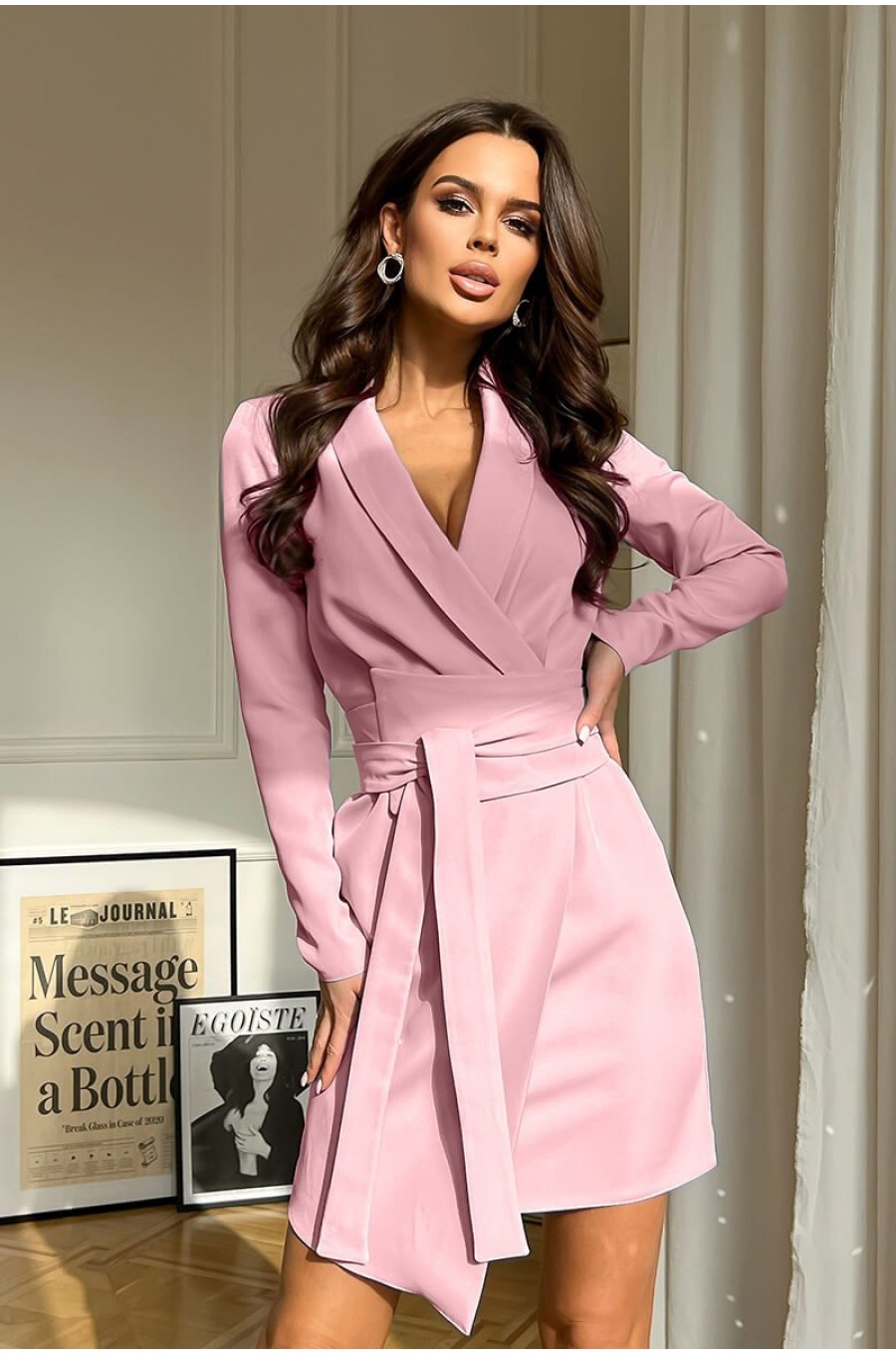 Rochie de zi scurta, roz pal, tip sacou, cu maneca lunga, Liana 1 - dyandra.ro