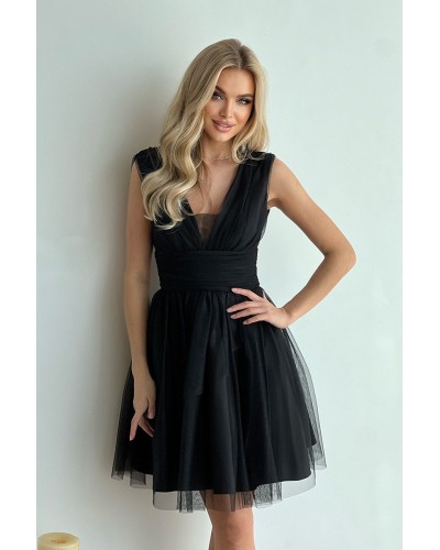 Rochie baby doll scurta, brocard si tulle, neagra, vaporoasa, Shinna - dyandra.ro