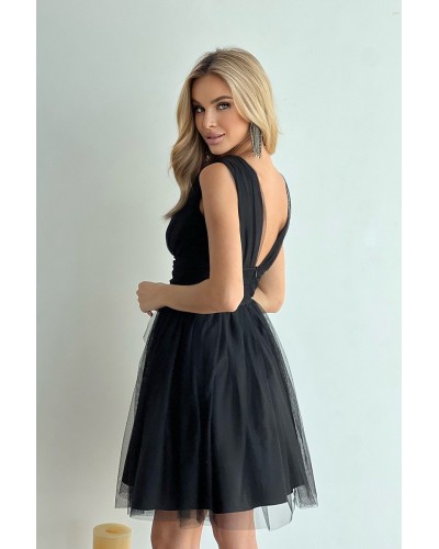 Rochie baby doll scurta, brocard si tulle, neagra, vaporoasa, Shinna - dyandra.ro