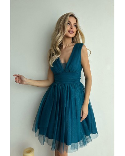 Rochie baby doll scurta, din brocard turcoaz, cu tul stratificat, vaporoasa, Shinna - dyandra.ro