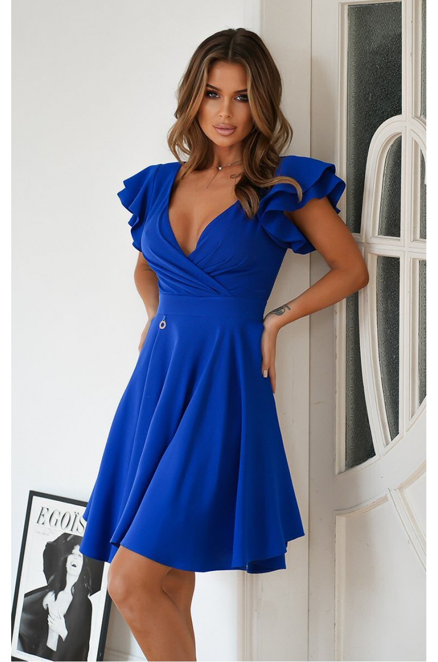Rochie baby doll scurta albastra din vascoza in clos cu volane la maneca Everly 1 - dyandra.ro