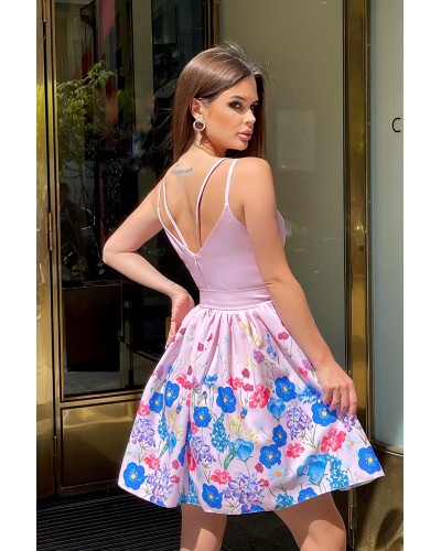 Rochie baby doll scurta din vascoza roz cu flori bleu Saika - dyandra.ro