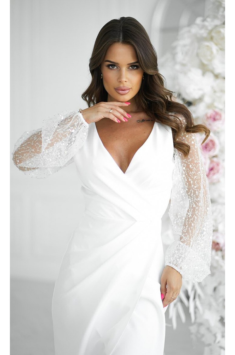 Rochie cununie civila alba, lunga, cu paiete, cu maneca lunga, Deluxe 2 - dyandra.ro