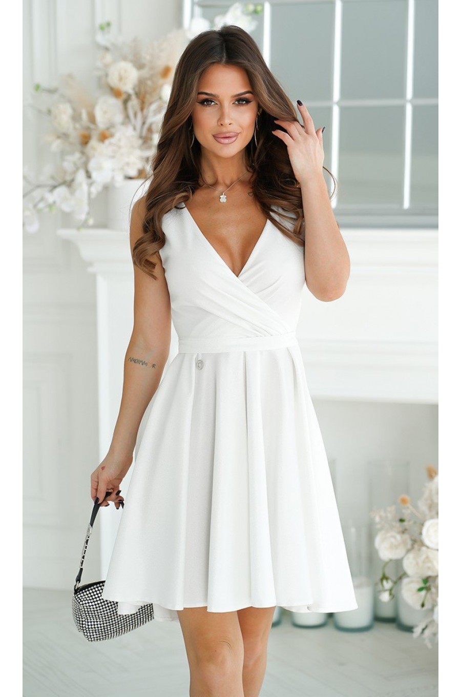 Rochie cununie civila scurta, alba, din brocard, babydoll, petrecuta, Andressa  1 - dyandra.ro