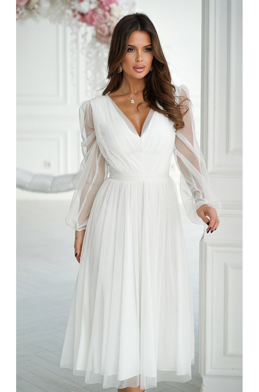 Rochie cununie civila midi, din tul cu glitter, alba, evazata, cu maneca lunga, Petra Rochie cununie civila midi, din tul cu glitter, alba, evazata, cu maneca lunga, Petra 4 - dyandra.ro