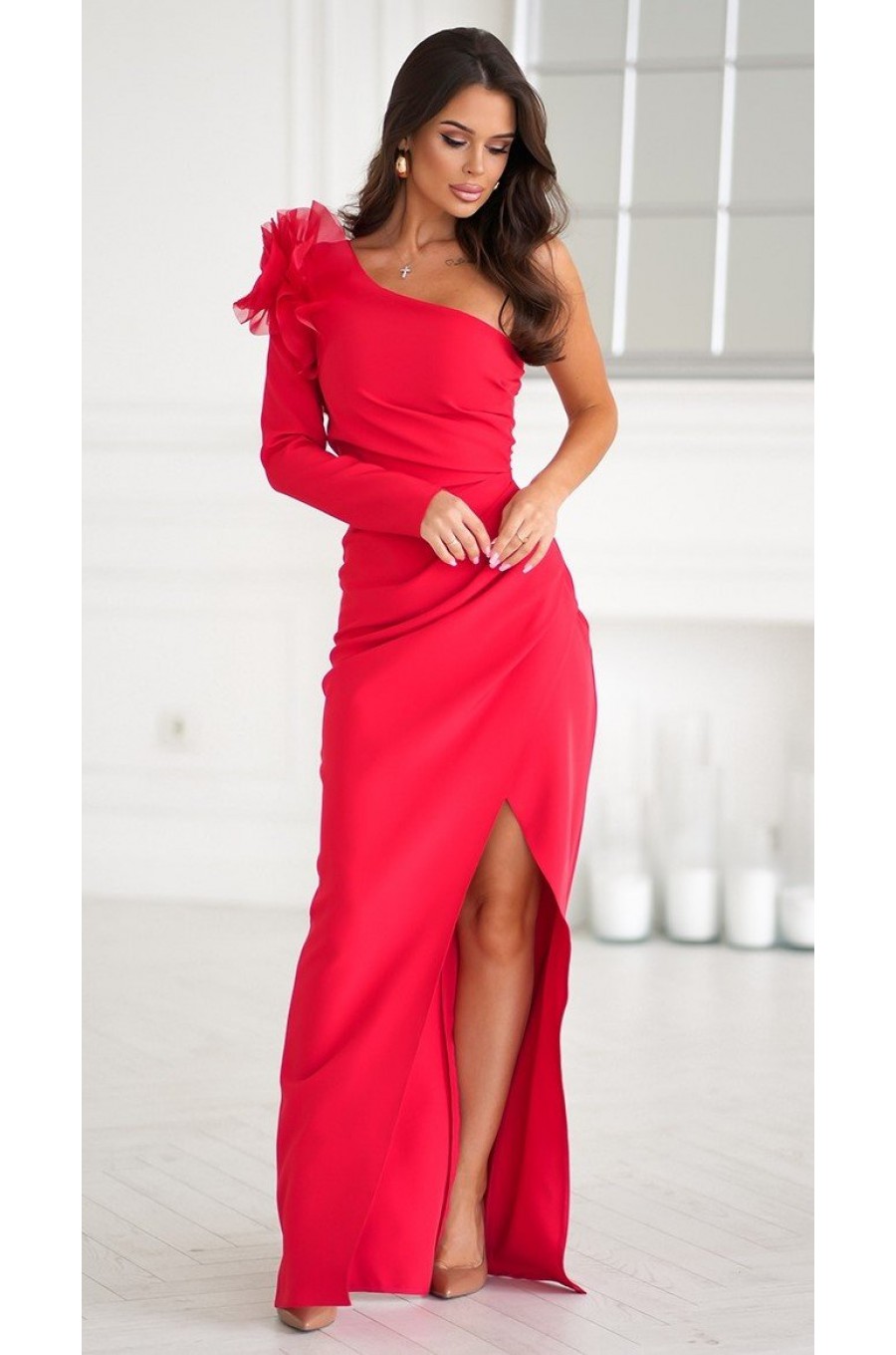 Rochie de nasa eleganta rosie cu floare pe umar cu maneca lunga Charming Rochie de nasa eleganta rosie cu floare pe umar cu maneca lunga Charming 3 - dyandra.ro