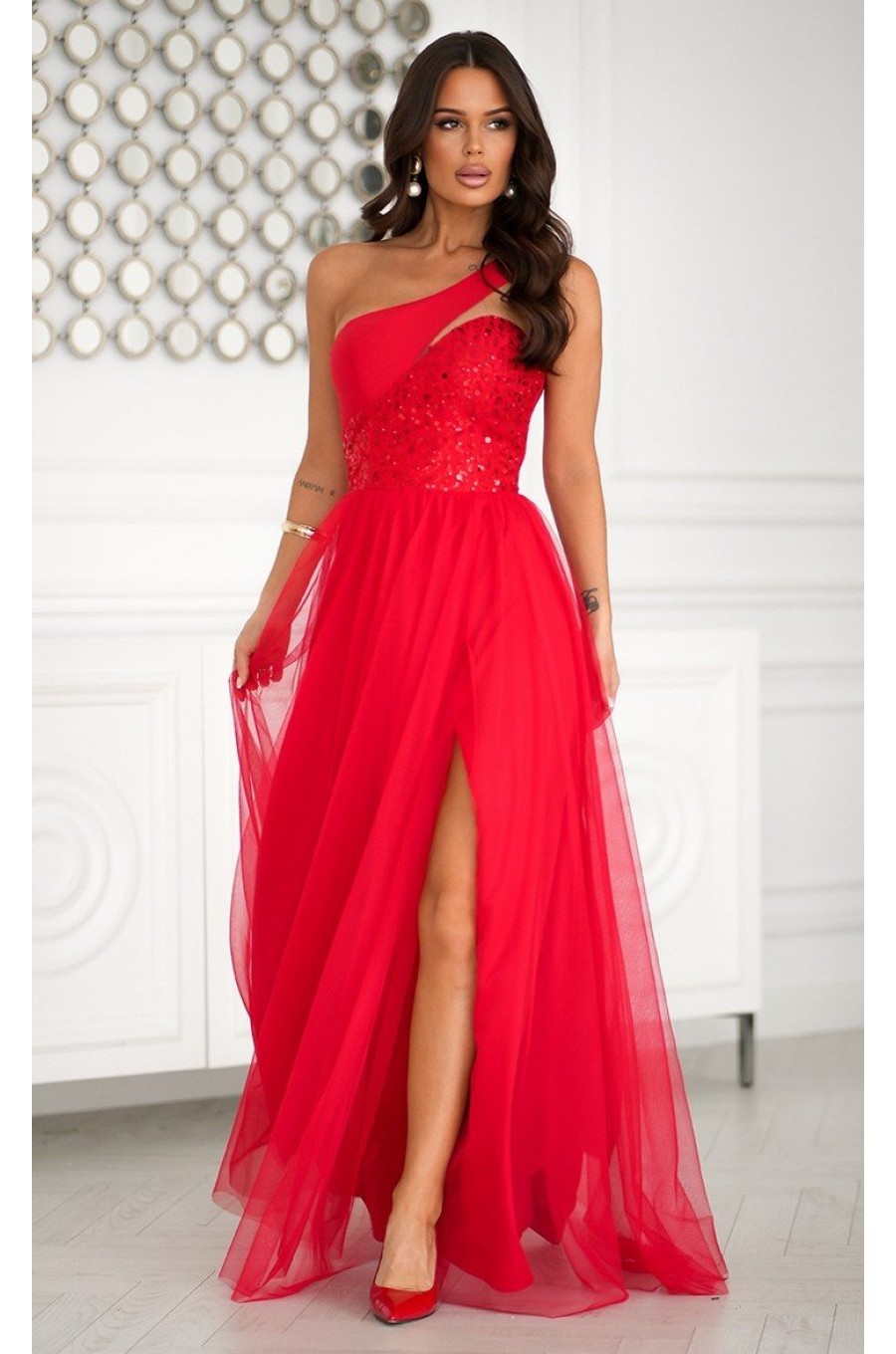 Rochie de nasa lunga rosie cu tulle si paiete Louanna Rochie de nasa lunga rosie cu tulle si paiete Louanna 1 - dyandra.ro