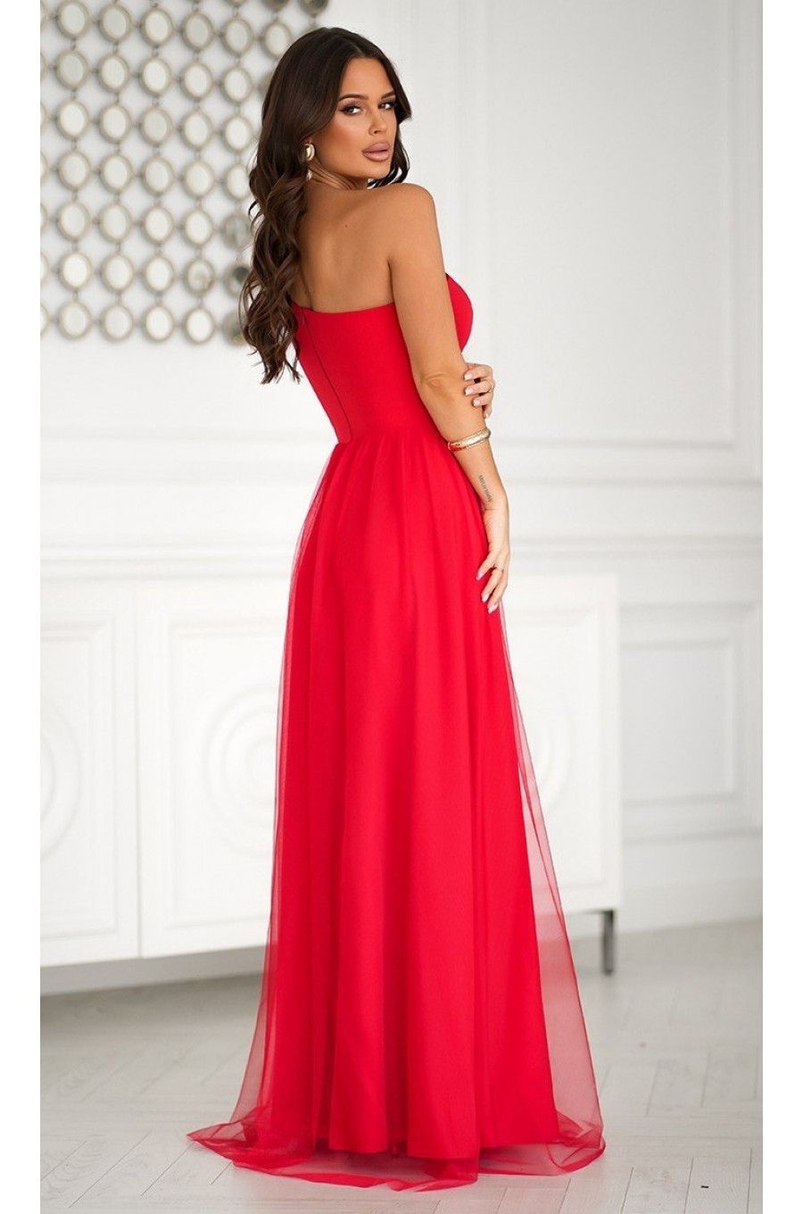 Rochie de nasa lunga rosie cu tulle si paiete Louanna Rochie de nasa lunga rosie cu tulle si paiete Louanna 2 - dyandra.ro