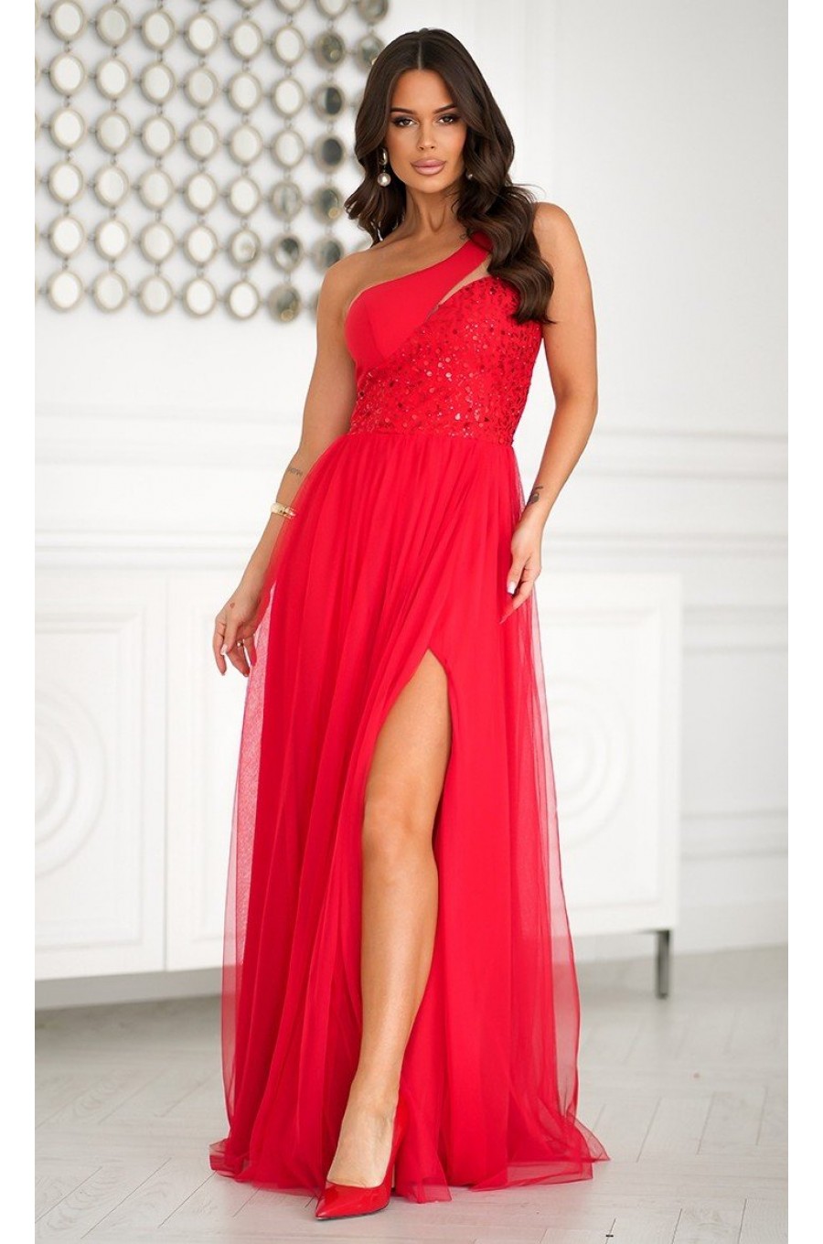Rochie de nasa lunga rosie cu tulle si paiete Louanna Rochie de nasa lunga rosie cu tulle si paiete Louanna 3 - dyandra.ro