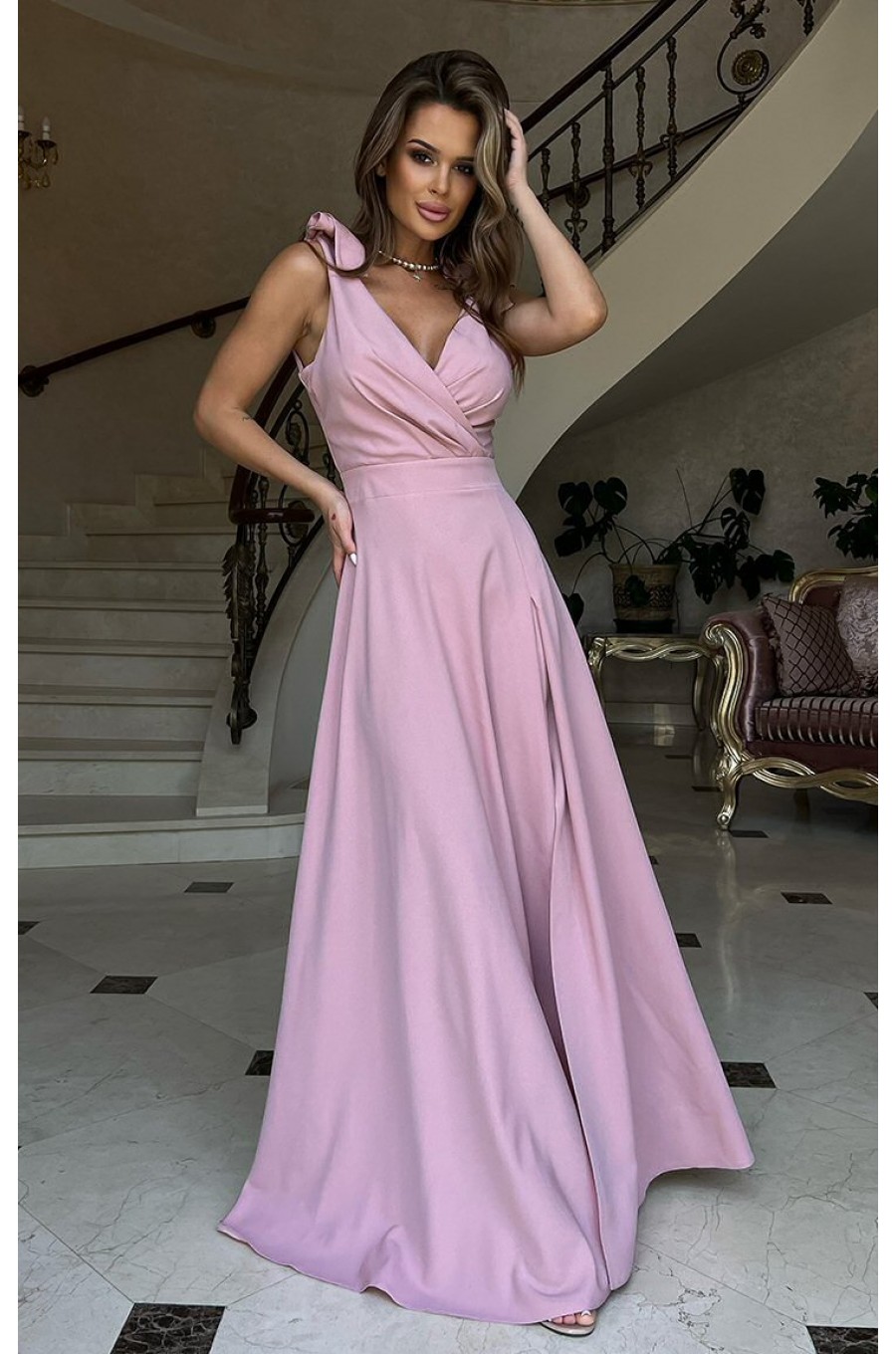 Rochie de ocazie eleganta lunga din vascoza roz prafuit petrecuta Andra 2 - dyandra.ro