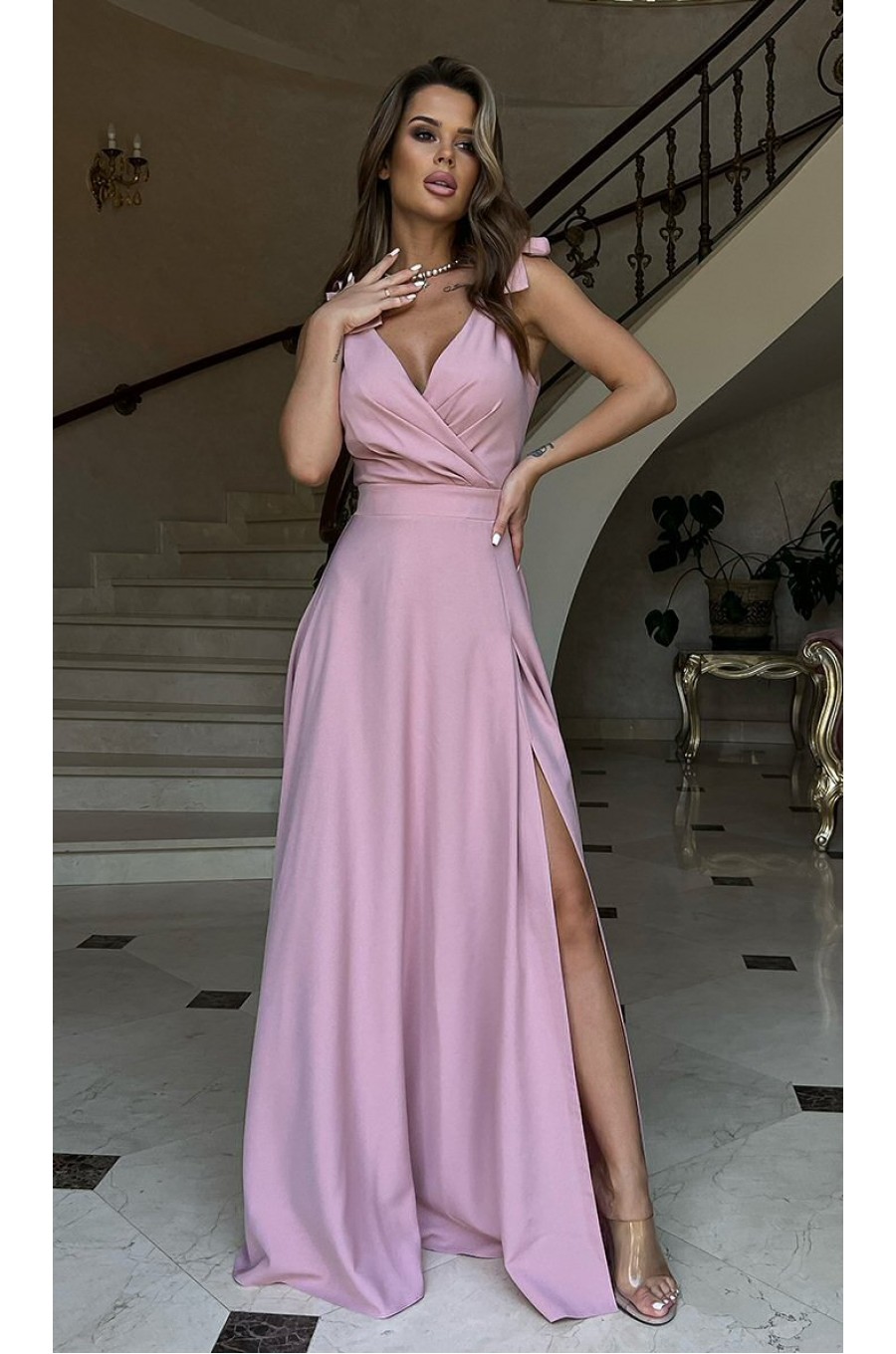 Rochie de ocazie eleganta lunga din vascoza roz prafuit petrecuta Andra 5 - dyandra.ro