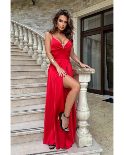 Rochie lunga rosie din satin Aleeza - dyandra.ro