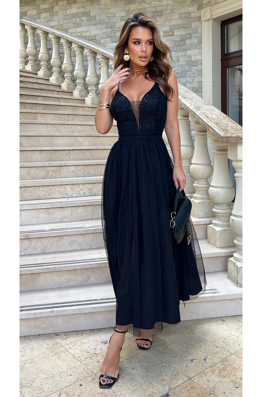 Rochie de ocazie lunga, din tul si dantela, neagra, vaporoasa, Arabela Rochie de ocazie lunga, din tul si dantela, neagra, vaporoasa, Arabela 1 - dyandra.ro