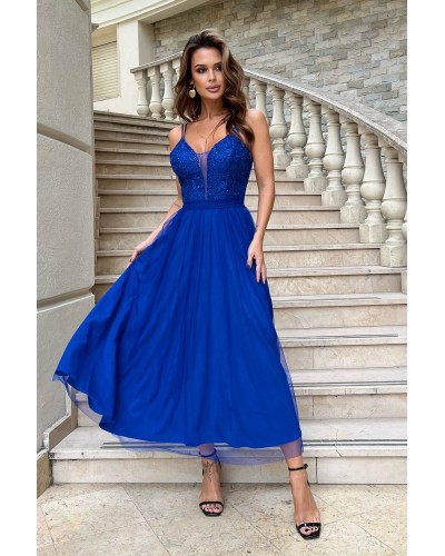 Rochie de ocazie, lunga, din tulle si dantela, albastra, vaporoasa, Arabela - dyandra.ro