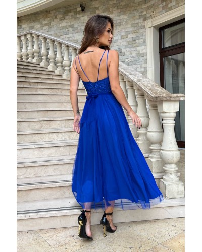 Rochie de ocazie, lunga, din tulle si dantela, albastra, vaporoasa, Arabela - dyandra.ro