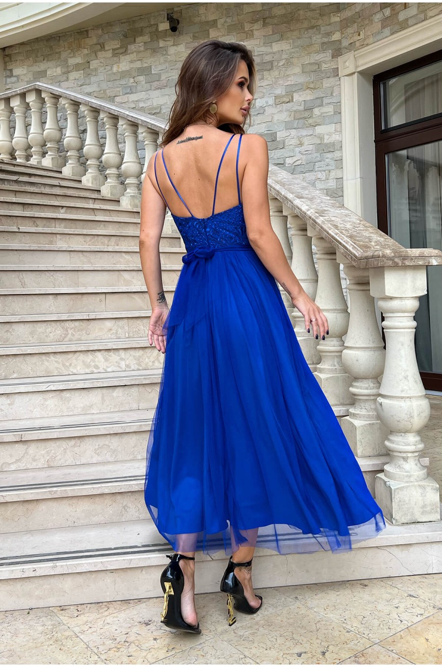 Rochie de ocazie, lunga, din tulle si dantela, albastra, vaporoasa, Arabela Rochie de ocazie, lunga, din tulle si dantela, albastra, vaporoasa, Arabela 2 - dyandra.ro