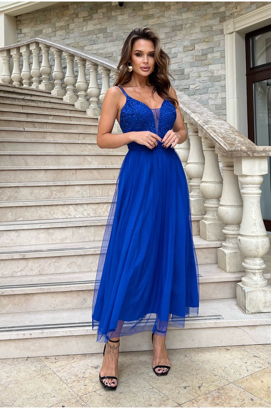 Rochie de ocazie, lunga, din tulle si dantela, albastra, vaporoasa, Arabela Rochie de ocazie, lunga, din tulle si dantela, albastra, vaporoasa, Arabela 6 - dyandra.ro