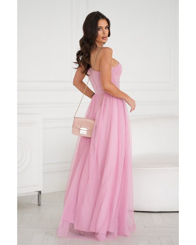 Rochie de ocazie lunga roz pal cu tulle si paiete Louanna - dyandra.ro