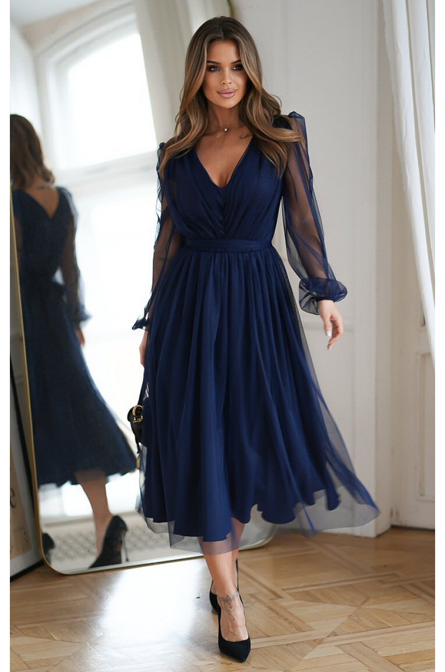 Rochie midi eleganta din tul cu glitter bleumarin evazata cu maneca lunga Petra 1 - dyandra.ro