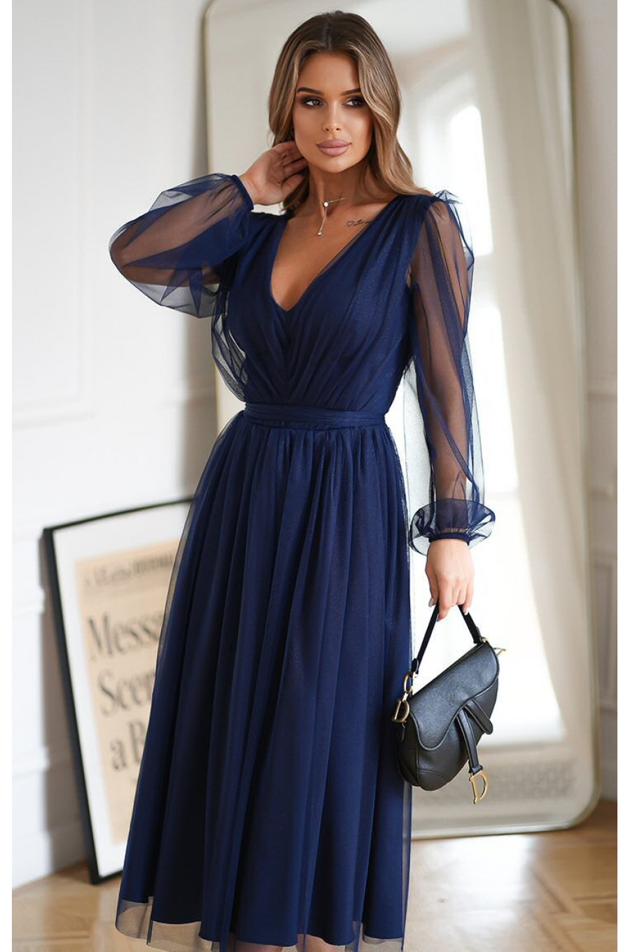 Rochie midi eleganta din tul cu glitter bleumarin evazata cu maneca lunga Petra 4 - dyandra.ro