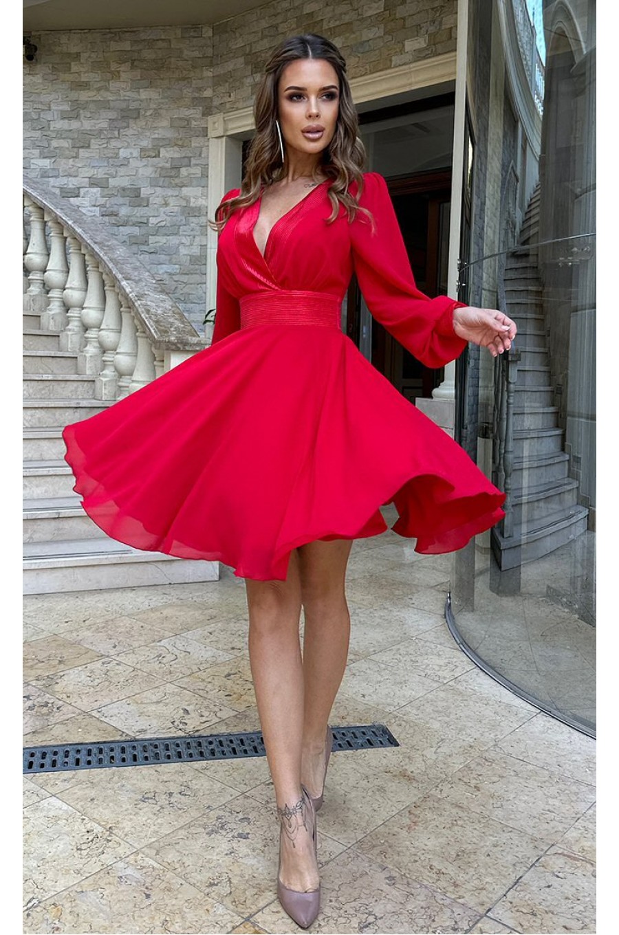 Rochie scurta din vascoza rosie cu maneca lunga vaporoasa Hermosa 1 - dyandra.ro