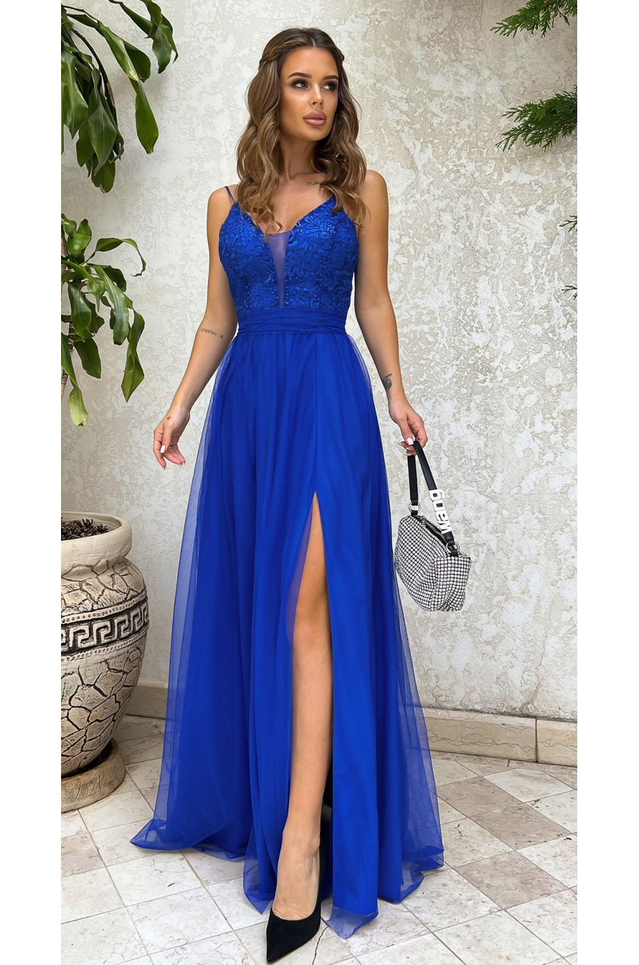 Rochie eleganta lunga albastra din tulle si dantela vaporoasa Isadora 1 - dyandra.ro