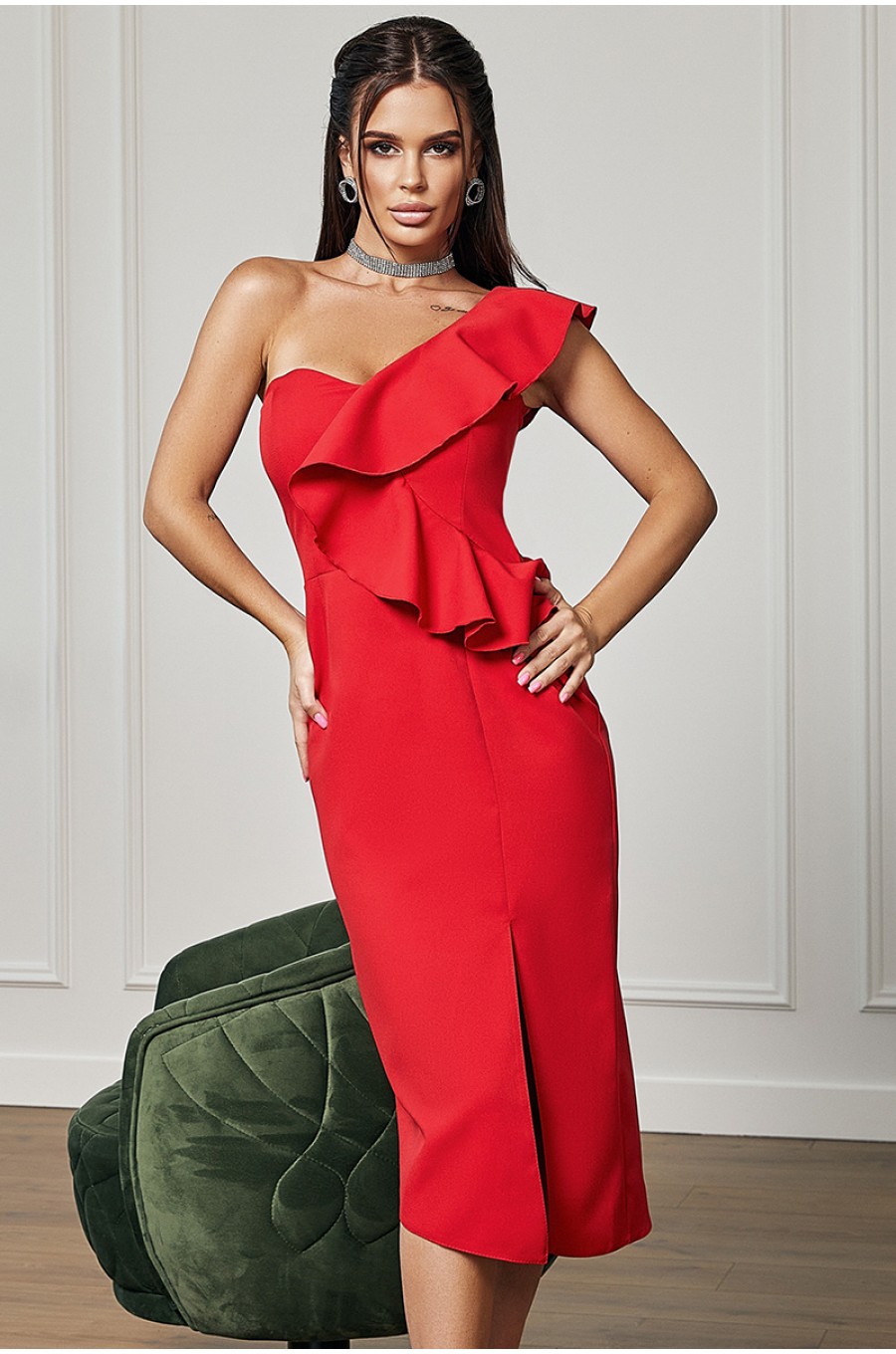 Rochie midi, rosie, mulata, cu volan pe un umar, Celebrity  1 - dyandra.ro