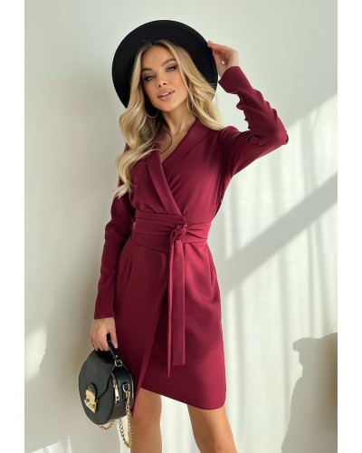 Rochie de zi scurta, burgundy, tip sacou, cu maneca lunga, Liana - dyandra.ro