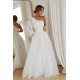 Rochie eleganta de bal, lunga, din tulle si dantela alba, cu un umar gol si maneca lunga, Azelle 2 - dyandra.ro