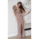 Rochie eleganta lunga cappuccino cu un umar gol cu volan si pene Reyna 2 - dyandra.ro