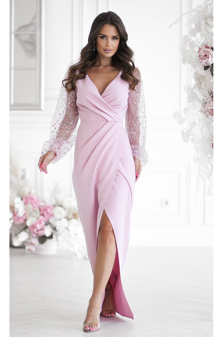 Rochie eleganta lunga cu paiete roz pastel cu maneca lunga petrecuta Deluxe 1 - dyandra.ro