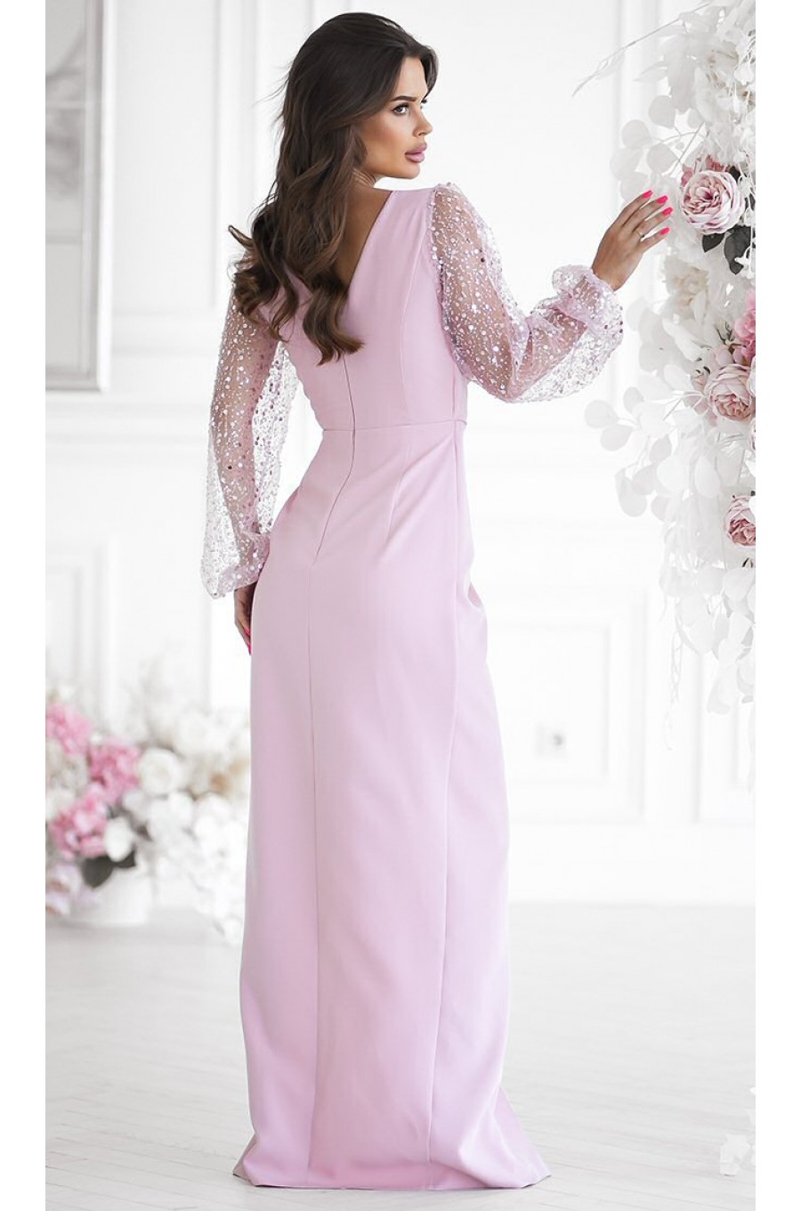 Rochie eleganta lunga cu paiete roz pastel cu maneca lunga petrecuta Deluxe 2 - dyandra.ro