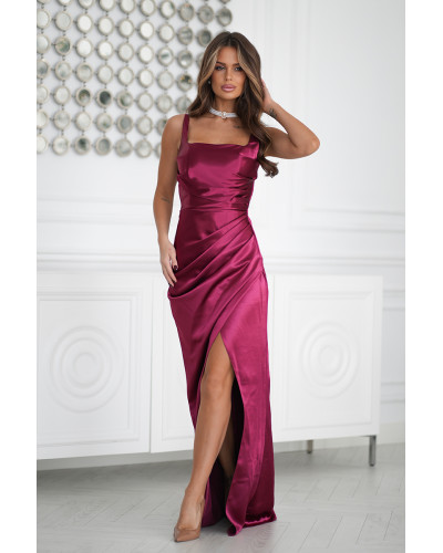 Rochii de nasa, Rochie eleganta lunga din satin burgundy mulata Maya - dyandra.ro