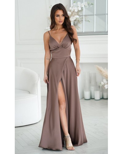 Rochie eleganta lunga, din satin cappuccino, Aleeza - dyandra.ro