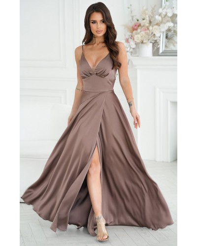 Rochie eleganta lunga, din satin cappuccino, Aleeza - dyandra.ro